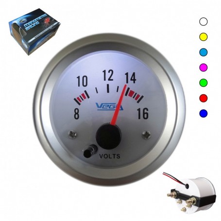 Manomètre Vega® Voltmètre 8 à 16V 7 couleurs fond blanc 52 mm